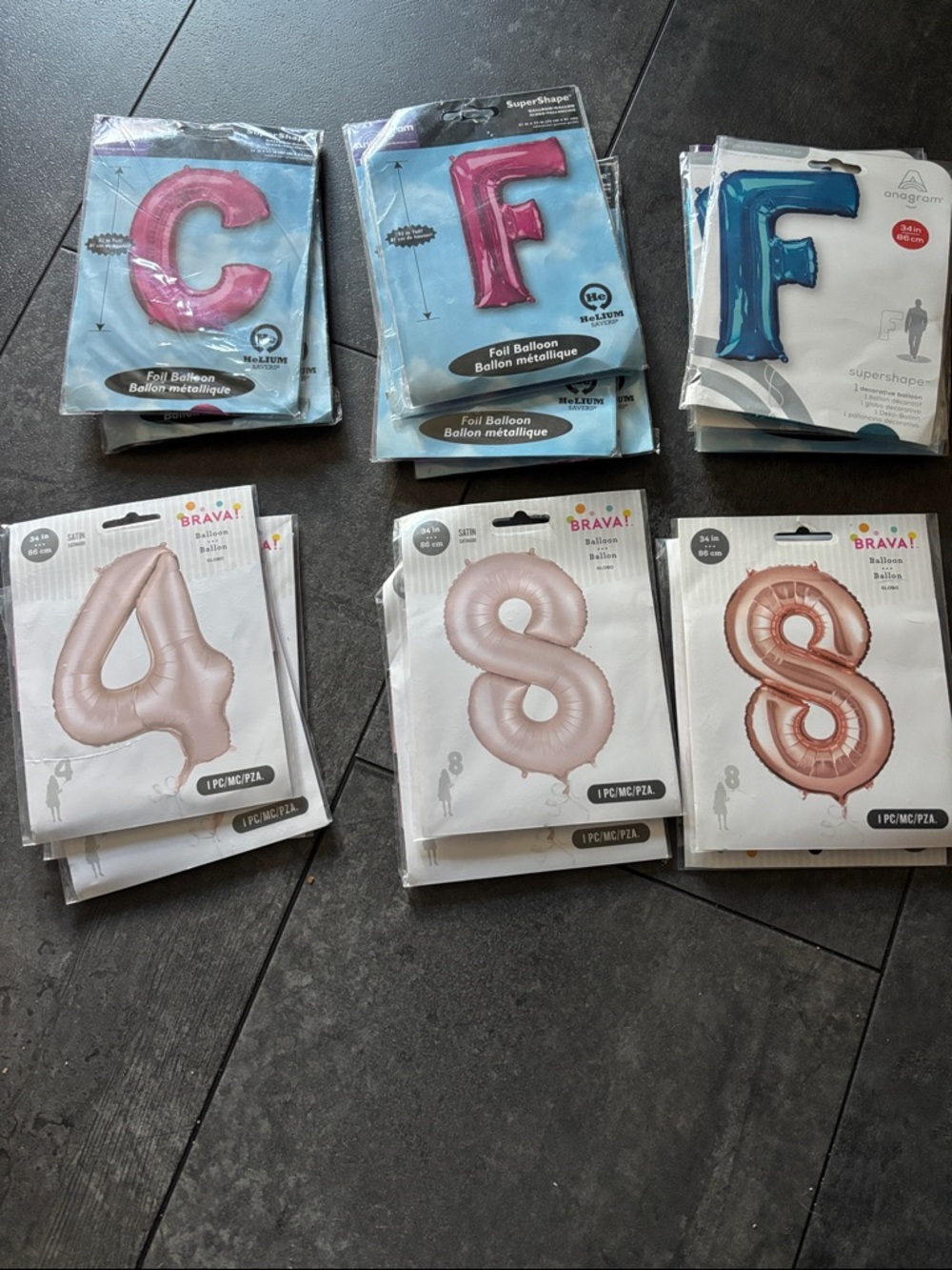 Rose Gold Number & Letter Foil Balloons - Rose Gold 4 & 8, Pink C F, Blue F